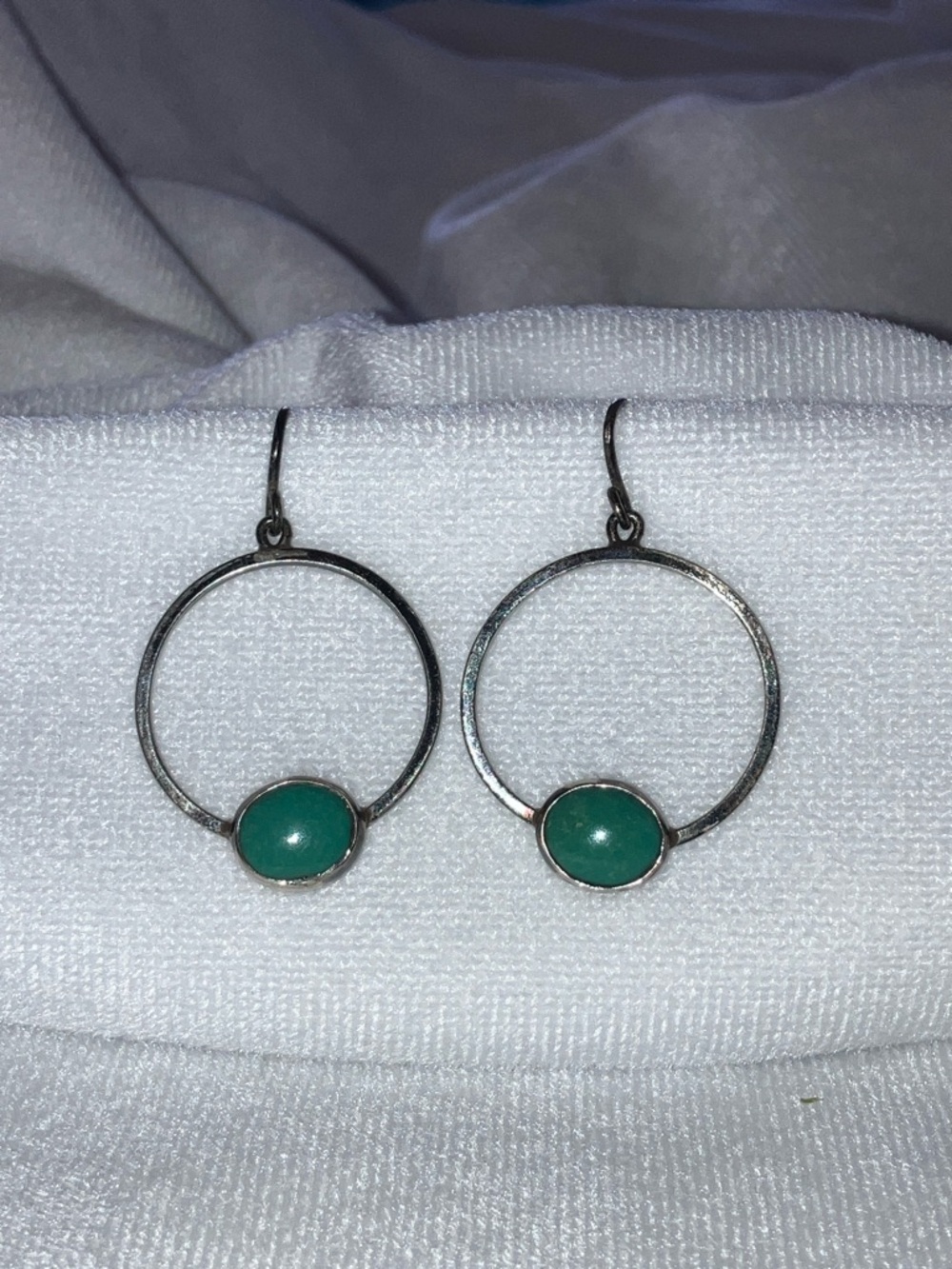 Vintage Green Stone  Silver Hoop Drop Earrings